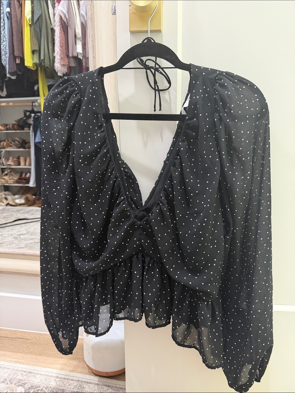 H&M Black Blouse with White Polka Dots and V-Neck